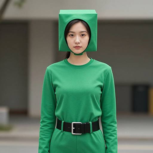 Photograph of an Asian woman with a green, cube-shaped hood, wearing a green long-sleeve dress and black belt, standing outdoors.