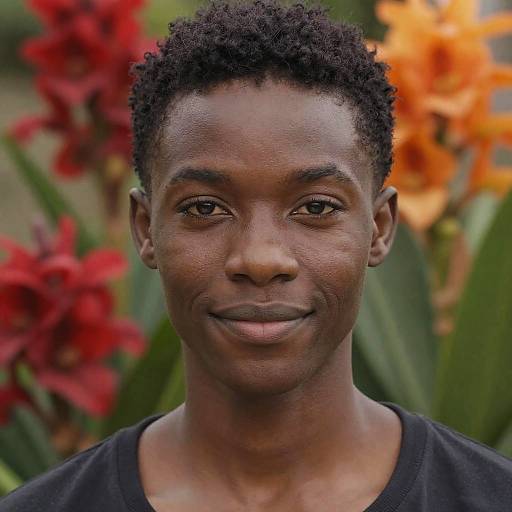 Photograph of a young Black man with short curly hair, wearing a black shirt, smiling softly, surrounded by vibrant red and orange flowers in the background