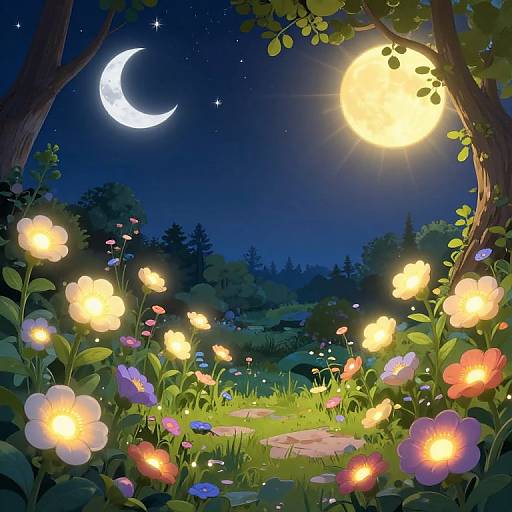 A magical, glowing flower-filled forest path under a bright moon and starry night sky, with a full moon shining through leafy branches. Digital art