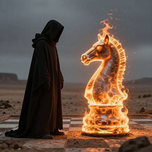 Photograph: Silhouetted figure in dark hooded cloak stands before a flaming, fiery horse statue on a checkered tile desert floor under a