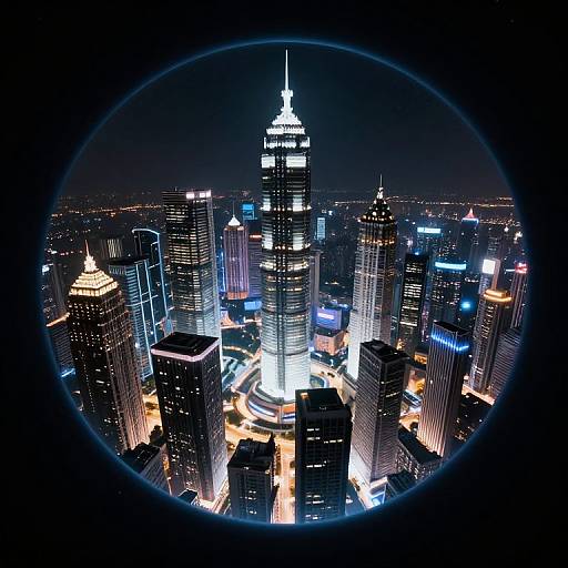 Nighttime aerial photograph of a cityscape with brightly lit skyscrapers, circular lens effect, and glowing streets, captured from a high vantage point