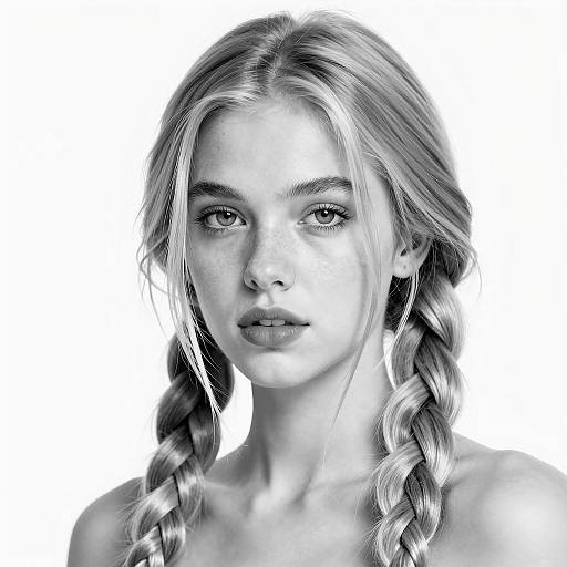 Black and white portrait of young woman with braided hair