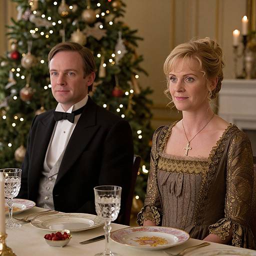 Photograph of a couple in formal attire, sitting at a Christmas-decorated dining table with a lit fireplace in the background.