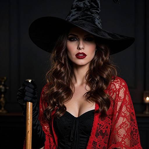 Photograph of a beautiful woman with wavy brown hair, wearing a black witch hat, red lace shawl, black corset, and gloves,