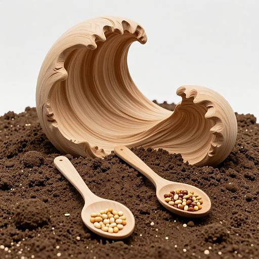Photograph of a carved wooden wave with ruffled edges, lying on dark, textured soil, with two wooden spoons, one filled with small round