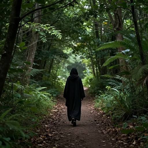 Photograph of a lone figure in a dark hooded cloak walking down a narrow, leaf-covered forest path, surrounded by dense, vibrant green foliage.