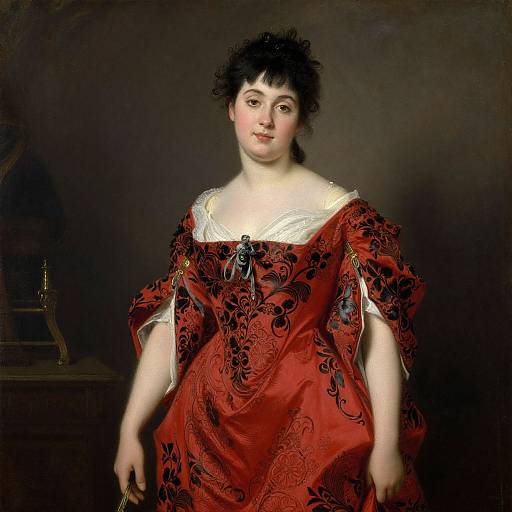 Portrait of a fair-skinned woman with black hair in a red, ornately patterned, 18th-century dress, standing against a dark background