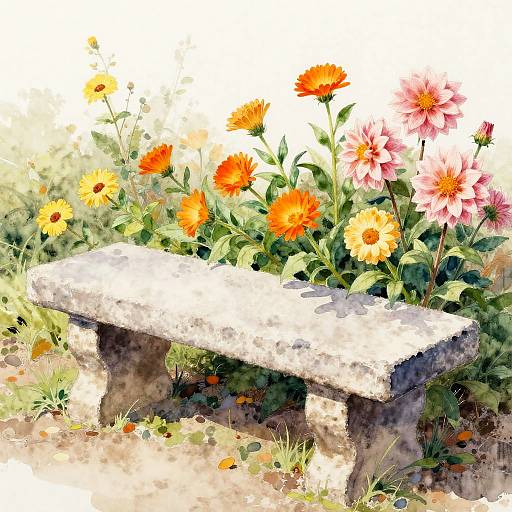 Watercolor Stone Bench with Calendulas
