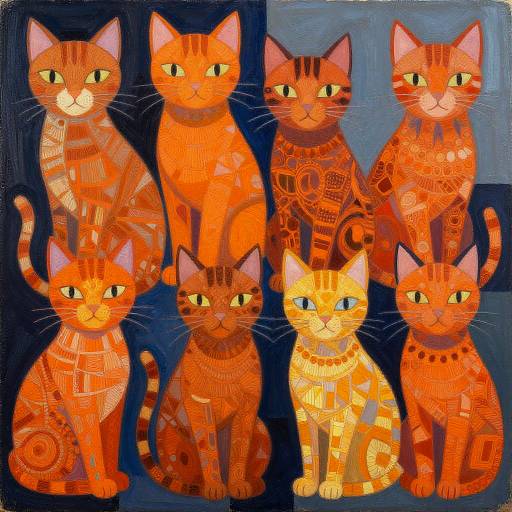 Digital painting of six stylized, orange tabby cats with intricate geometric patterns, sitting in a dark blue background, each with yellow eyes and distinct patterns