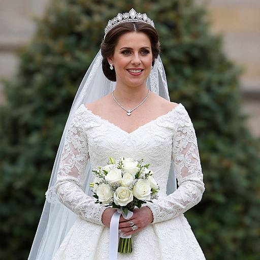 Photograph of a smiling bride in a white lace wedding dress with long sleeves, holding a bouquet of white roses, wearing a tiara and veil,