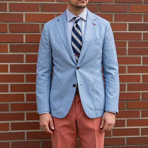 Photograph of a man in a light blue blazer, striped tie, and coral pants, standing against a red brick wall.