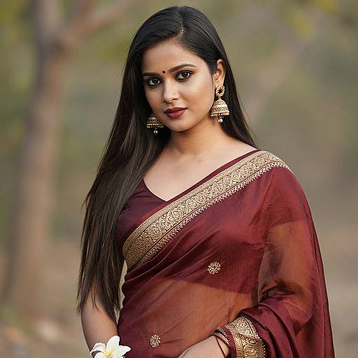 Photograph of an Indian woman with long black hair, wearing a maroon saree with gold embroidery, and matching gold earrings, standing outdoors against a