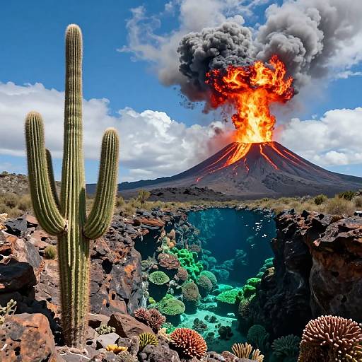 Surreal Landscape with Cactus and Volcano