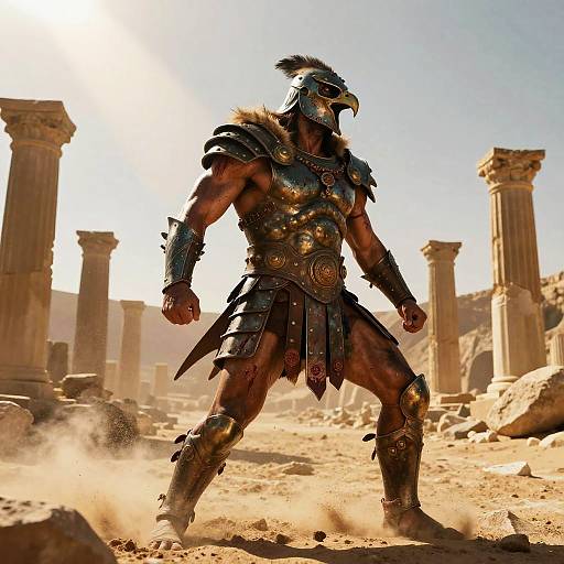 Scarred Hawk-Headed Gladiator at Twilight