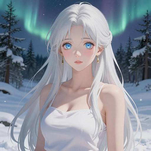 Digital anime-style drawing of a beautiful, blue-eyed, white-haired woman with fair skin, wearing a white dress, standing in a snowy forest under the