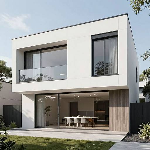 Modern, two-story house with white facade, large black-framed windows, glass balcony, and wooden lower panel. Visible dining area inside. Photoreal