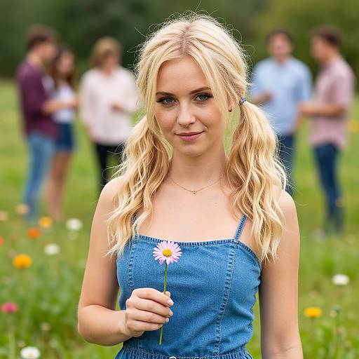 Blonde Woman in Sunny Flower Field