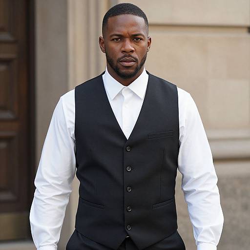 Photograph of a serious, dark-skinned man with a short beard and buzz cut, wearing a black vest over a white dress shirt, standing in