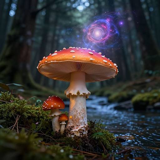 Photograph of a glowing red-orange mushroom with white speckles, surrounded by green moss, beside a forest stream, with a colorful, swirling light