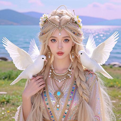 Digital artwork of a fair-skinned, blue-eyed blonde woman with braided hair, adorned with gold jewelry and flowers, surrounded by two white doves