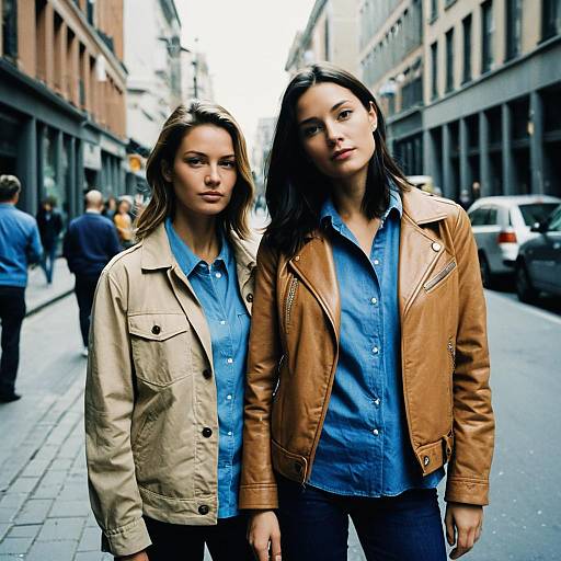 Photograph of two young women with light brown and dark brown hair, wearing blue shirts and beige and brown leather jackets, standing on a busy urban street