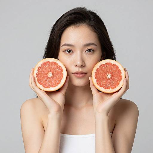 Photograph of an Asian woman with long black hair, holding two halved grapefruits against a white background, wearing a white strapless top.