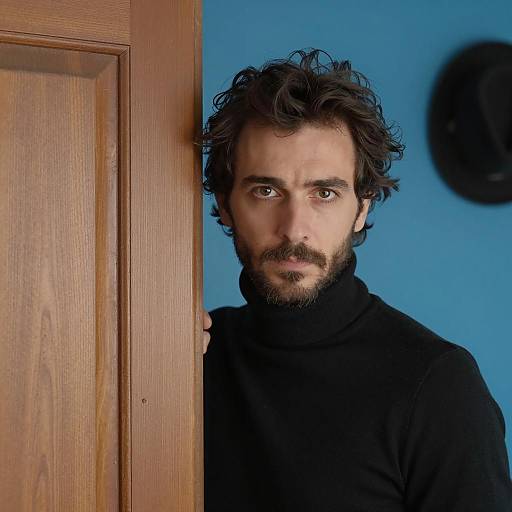 Man Peering Around Wooden Door