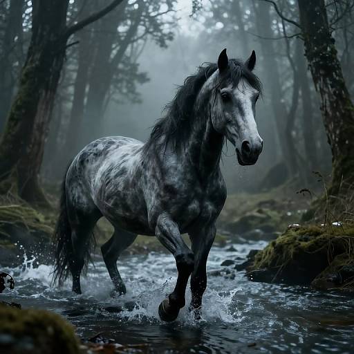 Photograph of a gray, dappled horse with a wet mane galloping through a misty forest stream, splashing water, surrounded by