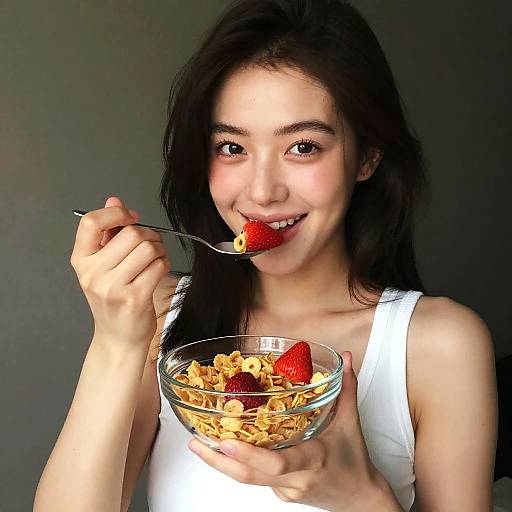 Young Woman Eating Cereal with Strawberries