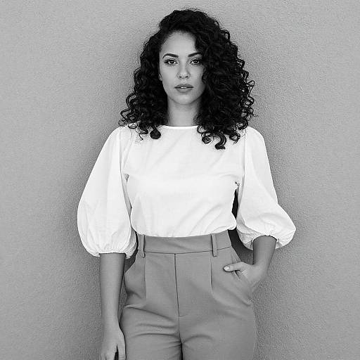 Photograph of a curly-haired woman with light skin, wearing a white blouse and high-waisted pants, standing against a textured wall.