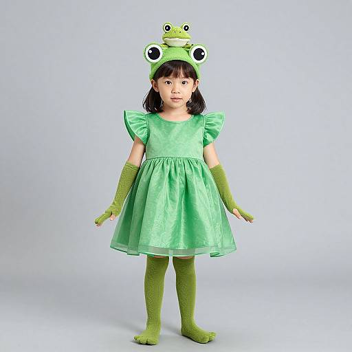 Photograph of an Asian girl in a green frog-themed costume: dress, gloves, boots, and hat with frog eyes and a frog on top.