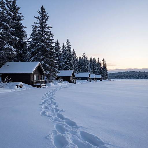 Photograph of a snow-covered winter landscape with three wooden cabins on the left, surrounded by snow-laden pine trees, and a large expanse of