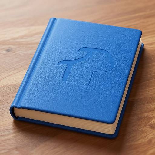 Photograph of a closed, blue leather-bound notebook with a debossed 