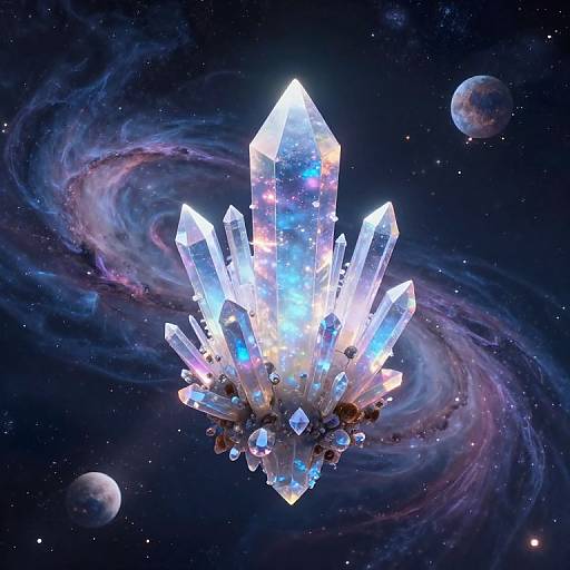 Glowing crystal chandelier floating in space, surrounded by nebulae and planets. Crystals emit vibrant blue and white light, contrasting against the