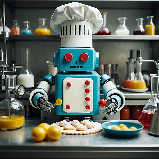 Retro Robot Chef Baking Pastries in Lab