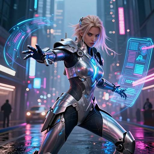 CGI cyberpunk scene: Blonde woman in silver armor with glowing blue holographic technology, casting a energy circle in a neon-lit, rain-so