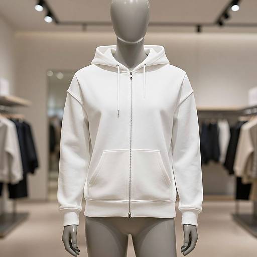 Photograph of a faceless, gray mannequin wearing a white, hooded sweatshirt with front pocket, displayed in a brightly lit clothing store