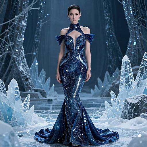 Photograph of a woman in a shimmering, off-shoulder, blue sequin gown, standing in an icy, crystal-filled forest with glowing