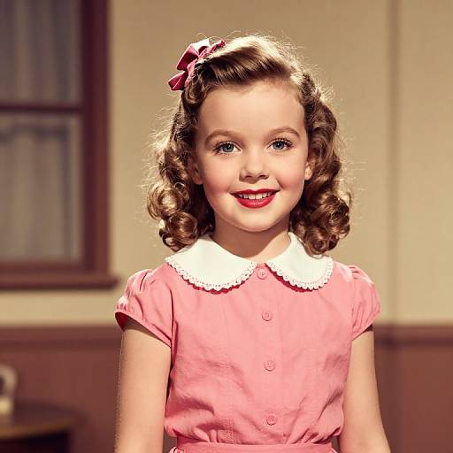 Vintage-style photograph of a smiling young girl with curly brown hair, red bow, pink dress with white collar, standing indoors.