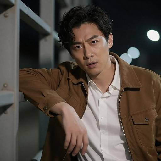 Man in Brown Jacket Leaning on Metal Structure at Night