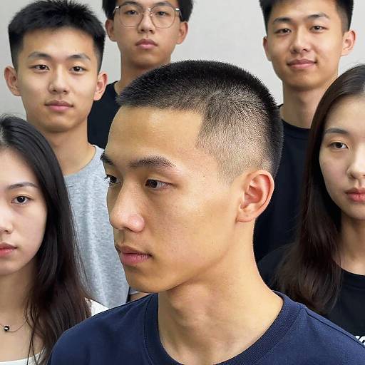 Photograph of six Asian individuals, five males and one female, standing closely together, wearing dark clothing, with the central male having a short, buzz