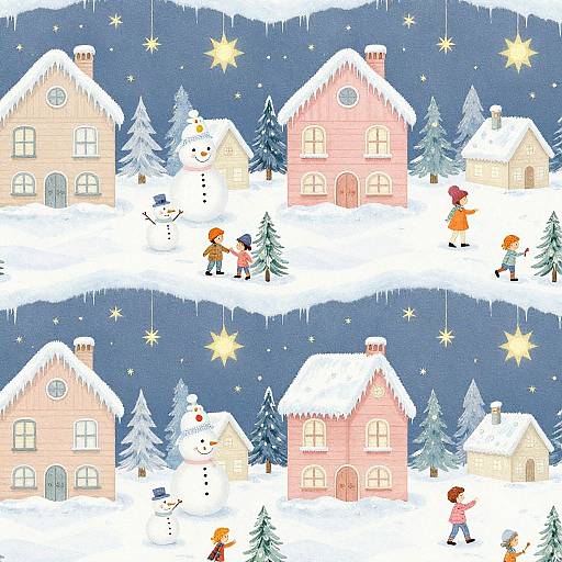 Colorful digital illustration of a snowy village at night, featuring snowmen, children, and pastel houses with snow-covered roofs, under a starry