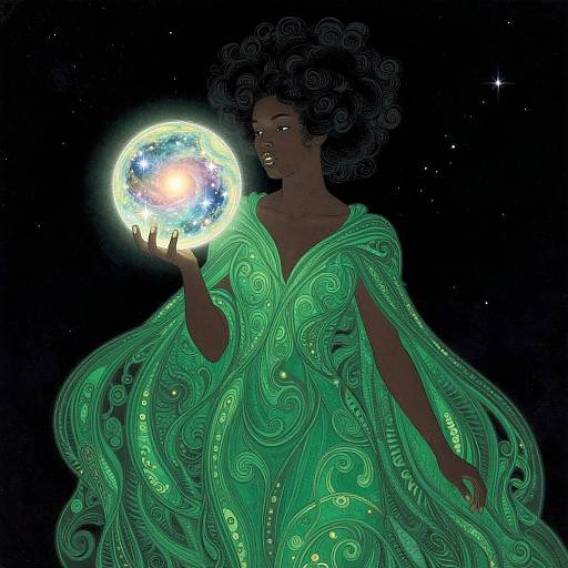 Digital illustration of a dark-skinned woman with curly hair, wearing a glowing green, intricately patterned dress, holding a radiant, illuminated Earth against