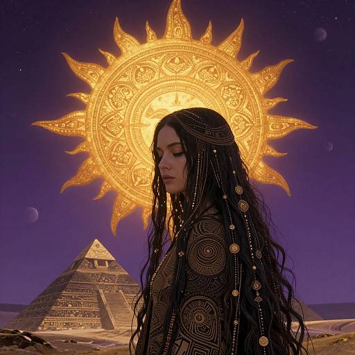 Digital artwork of a woman with long, wavy black hair, adorned with gold patterns, standing before a glowing sun halo and the Great Pyramid at night