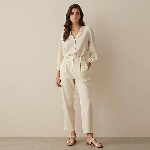 Woman in Cream Blouse and Trousers