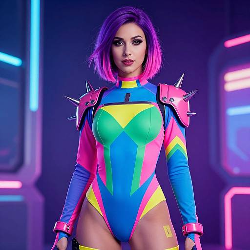 Photograph of a woman with purple-pink bob haircut, wearing a colorful, high-cut, spiked-shoulder bodysuit, glowing neon background