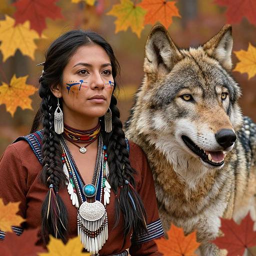 Photograph of Native American woman with braided hair, face paint, and traditional jewelry, standing beside a large wolf, surrounded by autumn leaves.