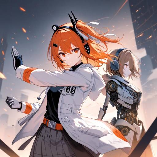 Futuristic Anime Girl with Robot Companion