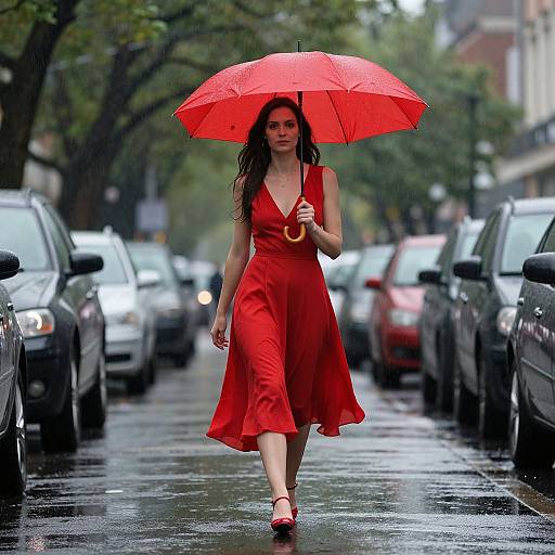 Photograph of a young woman in a red dress and red umbrella, walking on a wet, rainy city street, cars parked on both sides.