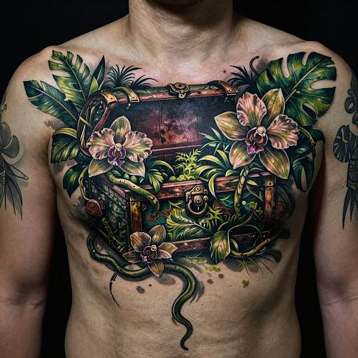 Tattooed shirtless man with vibrant chest tattoo of a wooden chest adorned with pink orchids and green leaves, surrounded by tropical leaves and vines